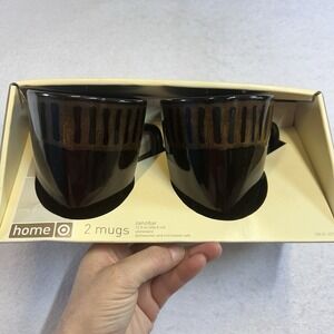 Set Of 2 Home Coffee Mugs New In Box Stoneware Brown Aztec